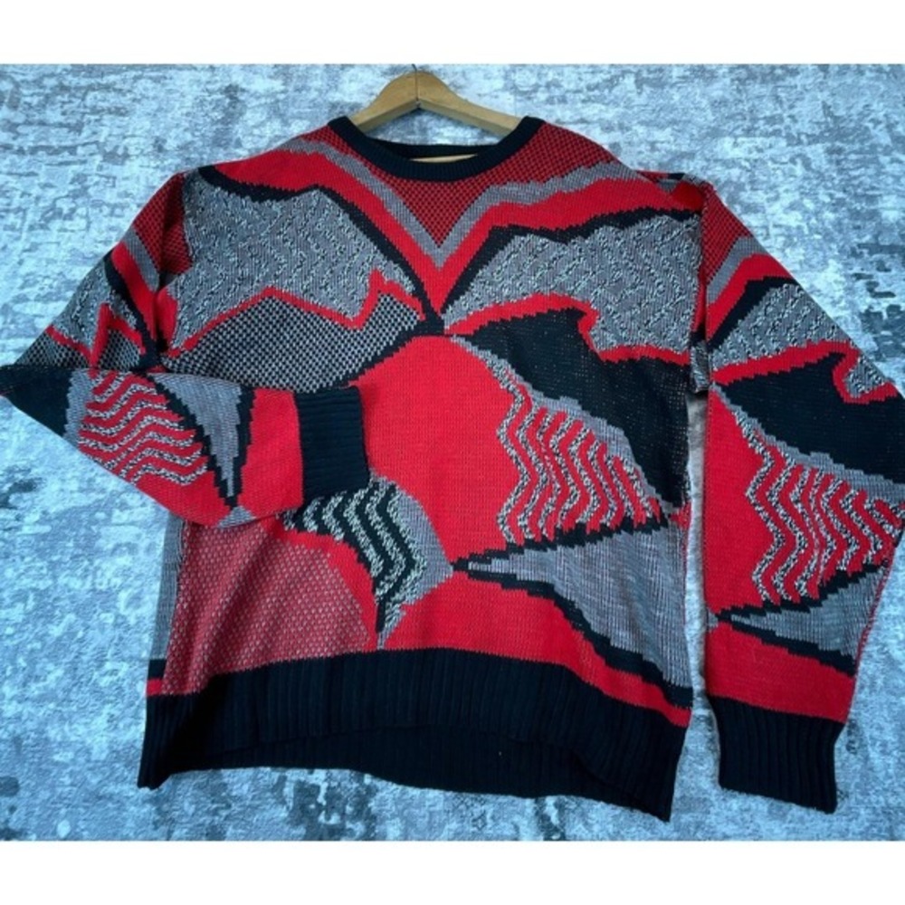 Vtg Retro Cosby Style Bold Abstract Chunky Red Sweater Coogi Inspired‎ Y2K